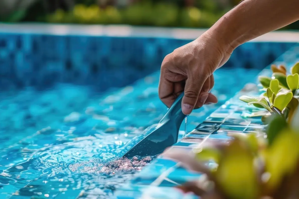 Mão colocando pá pequena dentro de piscina