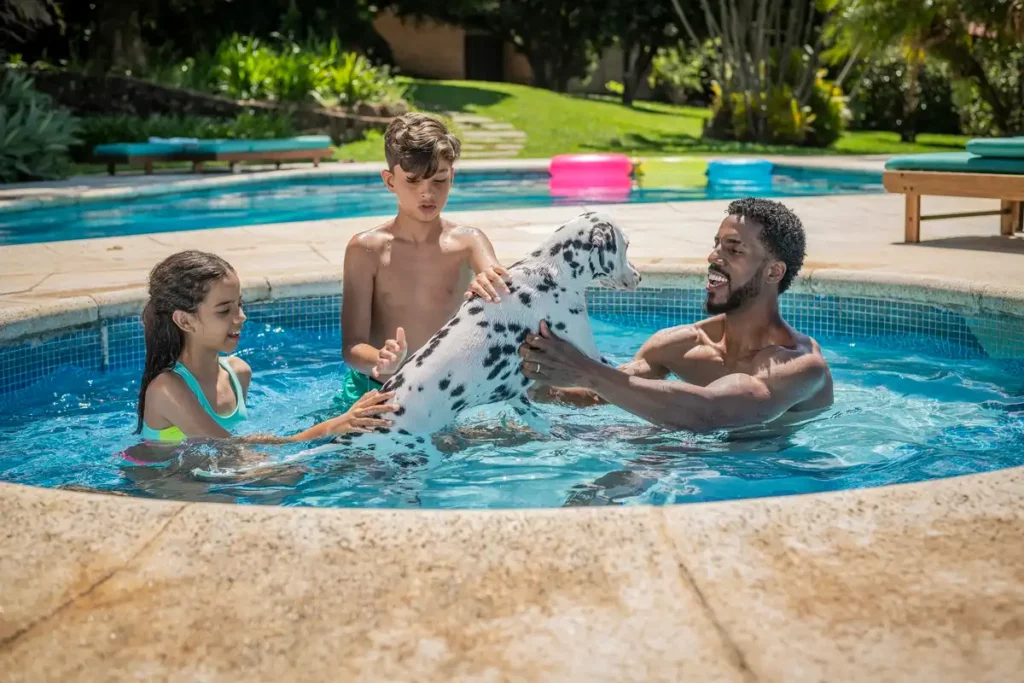 Família com crianças e um cachorro cachorro de pelagem branca com manchas pretas, se divertindo na piscina ao ar livre em um ambiente ensolarado.