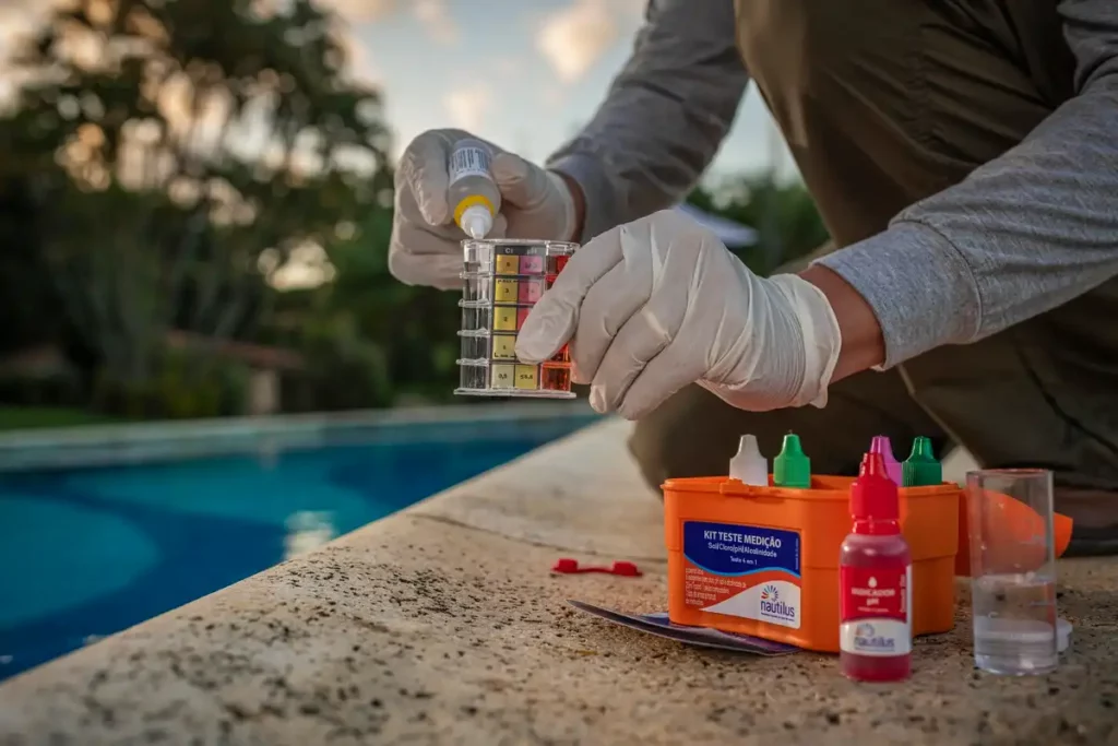 Pessoa realizando teste de água da piscina com reagentes em ambiente externo, usando luvas.