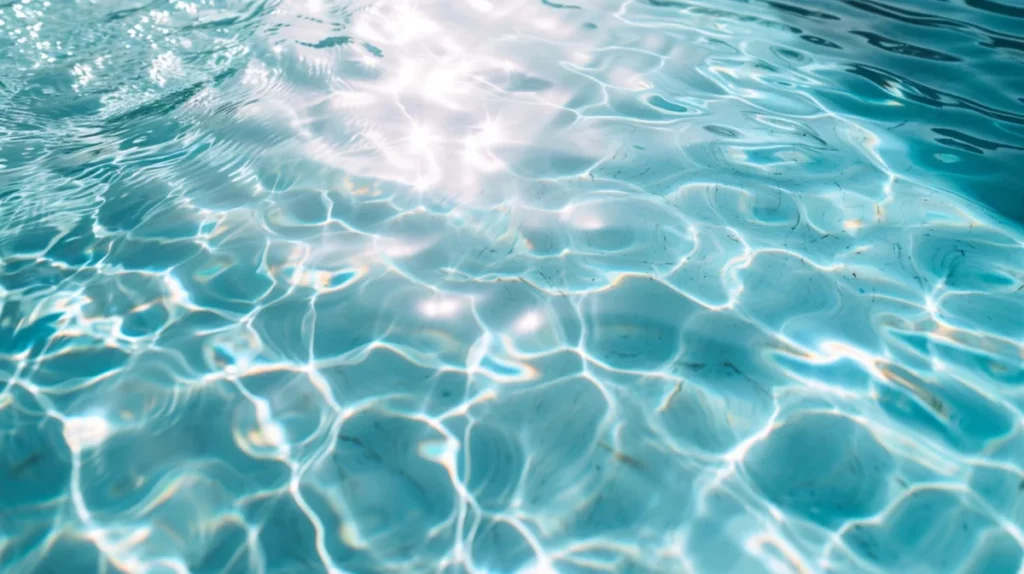 Superfície da água azul clara com reflexos de luz solar brilhando e ondulações suaves