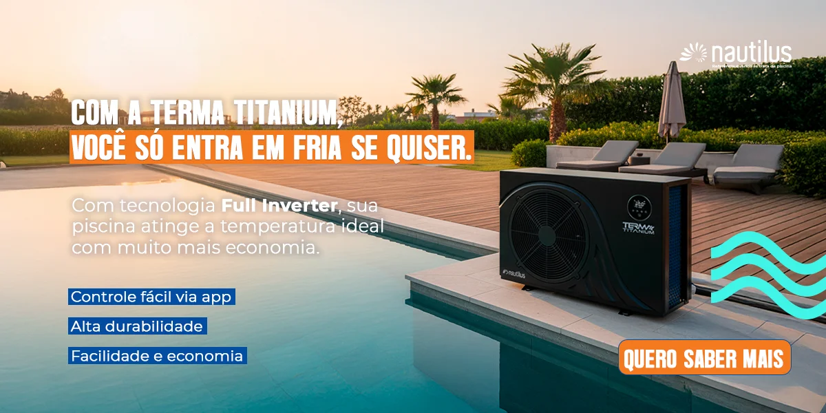Aquecedor de piscina Termo Titanium da Nautilus ao lado de piscina com deck de madeira ao entardecer