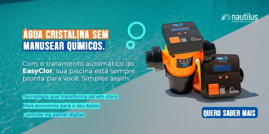 Equipamento EasyClor para tratamento automático de piscinas com tecnologia que transforma sal em cloro, economia e controle via painel digital