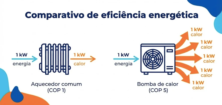 Comparativo de eficiência energética entre aquecedor comum e bomba de calor, destacando a conversão de energia em calor com maior eficiência na bomba de calor.
