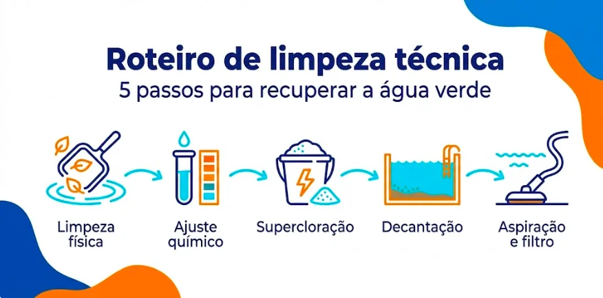Roteiro de limpeza técnica para recuperação de água verde com 5 passos: limpeza física, ajuste químico, supercloração, decantação, aspiração e filtro