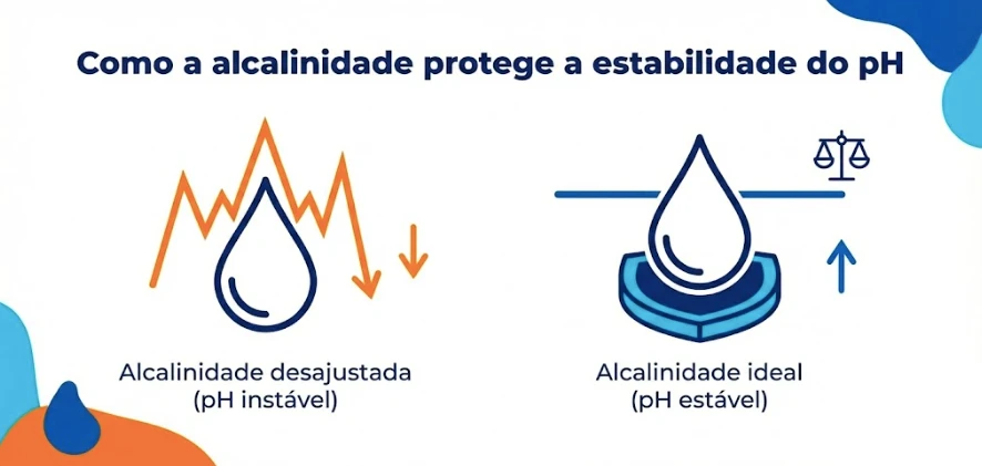 Infográfico explicando como a alcalinidade protege a estabilidade do pH, comparando alcalinidade desajustada com pH instável e alcalinidade ideal com pH estável.