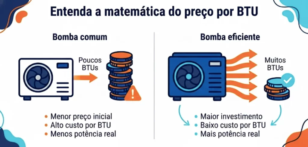 Comparação entre bomba comum e bomba eficiente de ar condicionado mostrando custo e potência por BTU